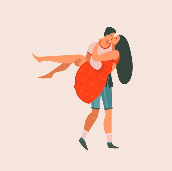 Kreslenou vektorové abstraktní kreslený moderní grafické Happy Valentines den koncepce ilustrace umění kartu s líbání pár společně izolované na pastelové barvy pozadí — Stockový vektor