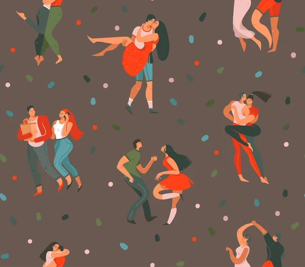 Hand getekende vector abstracte cartoon moderne grafische Happy Valentines day concept illustraties kunst naadloze patroon met dansende paren mensen samen geïsoleerd op bruine kleur achtergrond — Stockvector