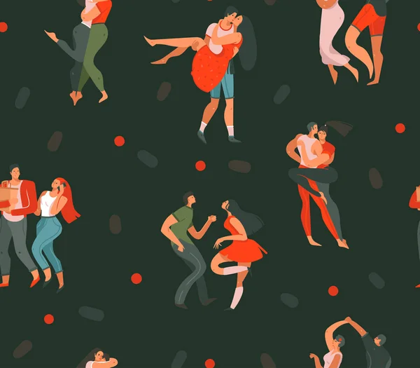 Hand getekende vector abstracte cartoon moderne grafische Happy Valentines dag concept illustraties kunst naadloze patroon met dansende paren mensen samen geïsoleerd op zwarte kleur achtergrond — Stockvector