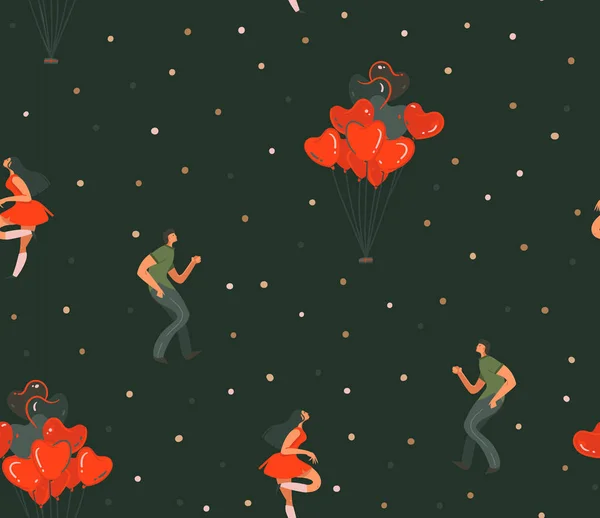 Рука намальована векторний абстрактний мультфільм сучасна графіка Щасливий день Святого Валентина концепція ілюстрації мистецтво безшовний візерунок з танцювальними парами людей разом ізольовані на чорному тлі — стоковий вектор