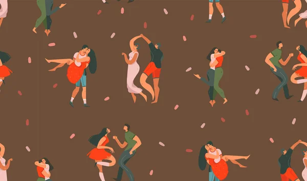 İllüstrasyonlar sanat seamless modeli dans ile birlikte izole kahverengi renk arka plan üzerinde insanlar çiftler çizilmiş vektör karikatür modern grafik mutlu Valentines gün konsept el