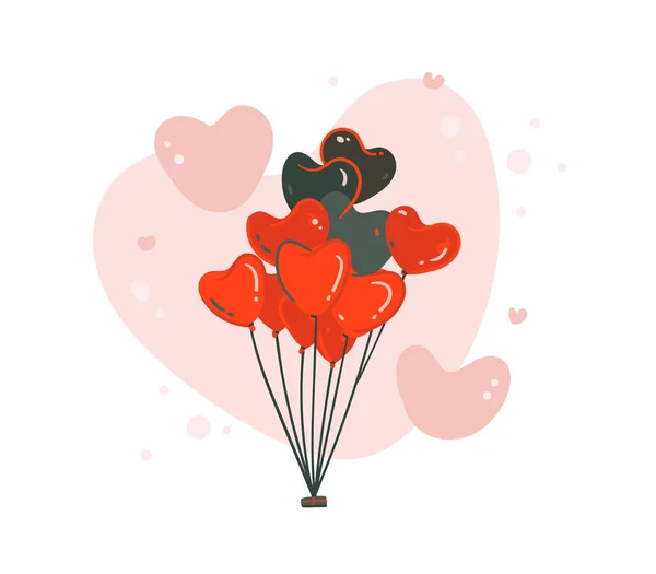 손으로 그린된 벡터 추상 만화 현대 그래픽 행복 한 발렌타인 하루 개념 삽화 예술 카드 레드 색상 흰색 배경에 고립에서 심장 모양 공기 풍선을 비행 — 스톡 벡터