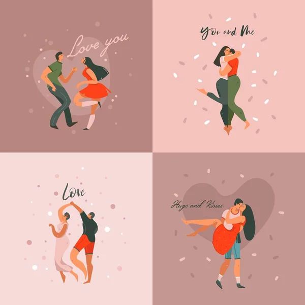 Ručně kreslenou vektorové abstraktní kreslený moderní grafické Happy Valentines den koncepce ilustrace umění karty a sada kolekce plakátů s tanečními páry lidí společně izolované na barevném pozadí — Stockový vektor