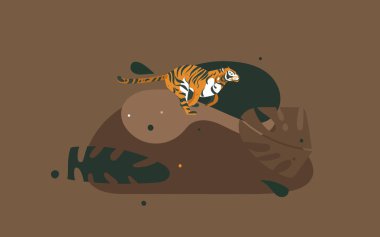 Vahşi kaplan ve tropikal palmiye yaprakları izole kahverengi renk arka plan üzerinde çalışan ile çizilmiş vektör karikatür modern grafik Afrika Safari doğa kavramı kolaj illüstrasyonlar sanat poster el