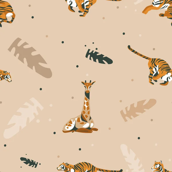 Dibujos animados abstractos vector dibujado a mano gráfico moderno África Safari Naturaleza ilustraciones arte collage patrón sin costuras con jirafa y tigres animales, hojas de palmeras tropicales aisladas en el fondo de color — Vector de stock