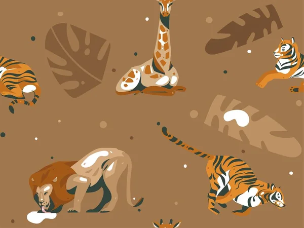Dibujos animados abstractos vector dibujado a mano gráfico moderno África Safari Naturaleza ilustraciones arte collage patrón sin costuras con jirafa, león, tigres animales, hojas de palma tropical aislados en el fondo de color — Vector de stock