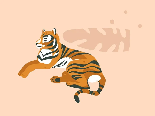 Боку звернено вектор абстрактних мультфільм сучасних графічних африканських сафарі природи концепція колаж ілюстрації мистецтва картку з тигр тварин і тропічних пальмовим листям ізольовані на фоні пастельних кольорів — стоковий вектор