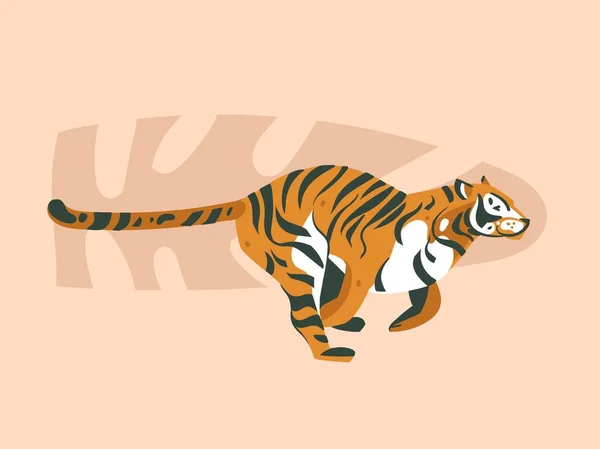 Боку звернено вектор абстрактних мультфільм сучасних графічних африканських сафарі природи концепція колаж ілюстрації мистецтва картку з тигр тварин і тропічних пальмовим листям ізольовані на фоні пастельних кольорів — стоковий вектор