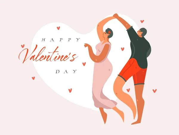 Handgezeichnet Vektor abstrakt Cartoon moderne Grafik glücklich valentines Konzept Illustrationen Kunst Karte mit tanzenden Paar Menschen zusammen und glücklich valentines Tag Text isoliert auf rosa Pastell Hintergrund — Stockvektor