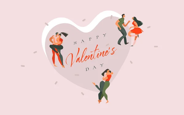手描きベクトル抽象漫画現代グラフィックハッピーバレンタインデーコンセプトイラストアートカードダンスカップルと一緒に色の背景に隔離された人々 — ストックベクタ