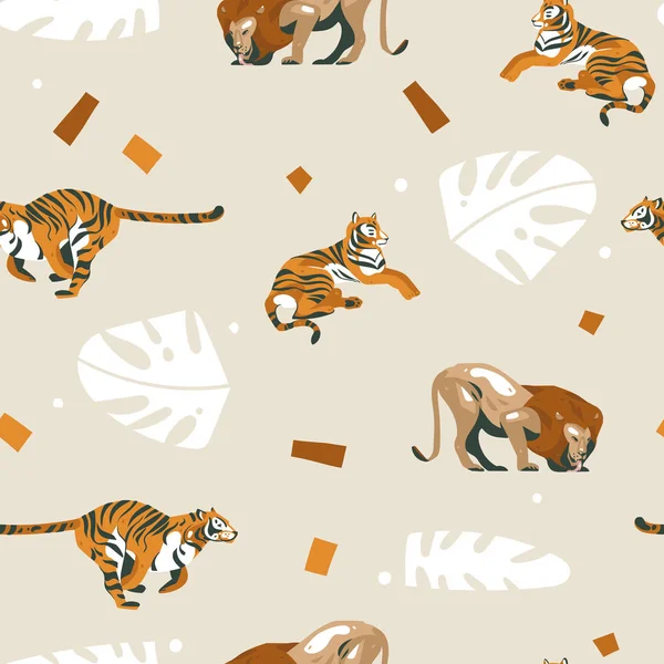 Dibujos animados abstractos vector dibujado a mano gráfico moderno Safari africano Naturaleza ornamental tribal ilustraciones arte collage patrón sin costuras con tigres, leones y hojas de palma aislados sobre fondo pastel — Vector de stock