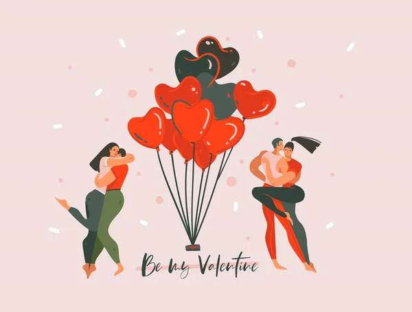 Hand drawn vector abstract cartoon modern graphic Happy Valentines concept illustrations art card with dancing couple people together and Be my Valentine text isolated on pink pastel background — Stock Vector