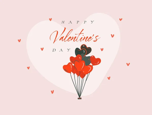 Elle çizilmiş vektör karikatür modern grafik mutlu Sevgililer konsept çizimler sanat kartı ile kalp sıcak hava balonları ve pastel pembe izole mutlu sevgililer günü metin — Stok Vektör