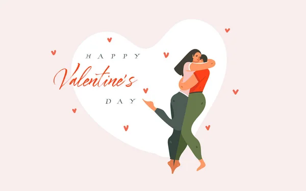 Hand drawn vector abstract cartoon modern graphic Happy Valentines concept illustrations art card with hugging couple people together and Happy Valentines day text isolated on pink pastel background — Stock Vector