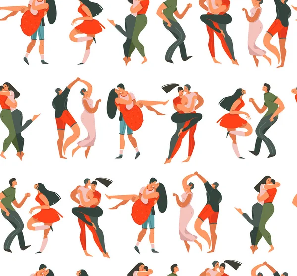 手绘矢量抽象卡通现代图形快乐情人节概念插画艺术无缝图案与跳舞的夫妇人一起孤立在白色背景 — 图库矢量图片