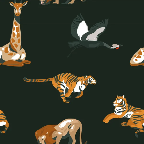 Dibujos animados abstractos vector dibujado a mano gráfico moderno África Safari Naturaleza ilustraciones arte collage patrón sin costuras con tigres, león y grúa pájaro aislado sobre fondo negro — Vector de stock
