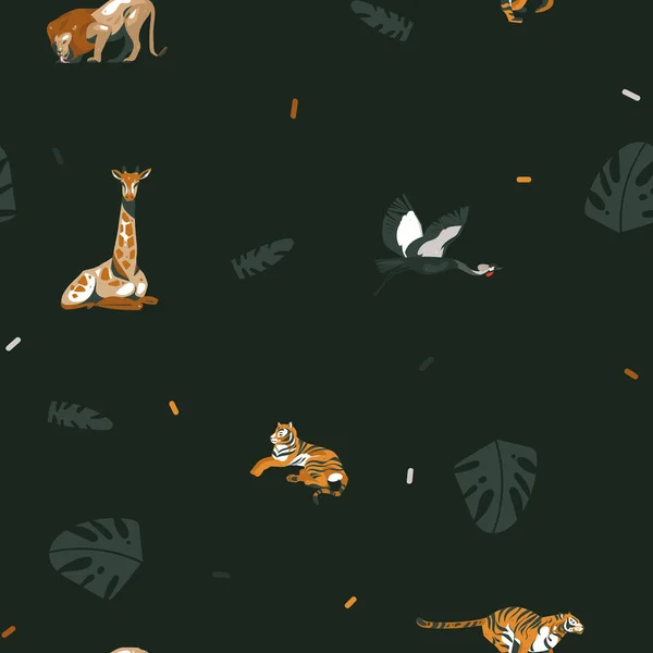 Dibujos animados abstractos vector dibujado a mano gráfico moderno África Safari Naturaleza ilustraciones arte collage patrón sin costuras con tigres, león, grúa pájaro y hojas de palma tropical aislados sobre fondo negro — Vector de stock