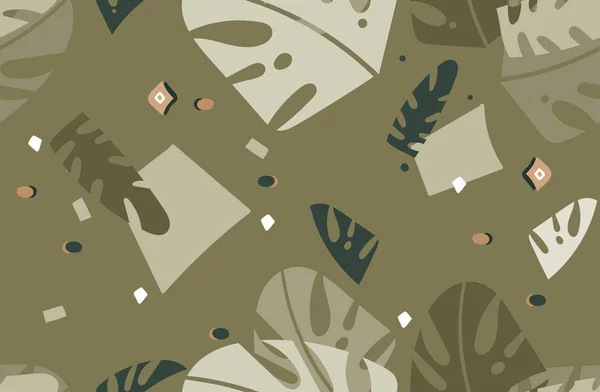 Dibujado a mano vector abstracto gráfico moderno Tropical Naturaleza ornamental tribal ilustraciones arte collage patrón sin costuras con hojas de palma aisladas sobre fondo verde — Vector de stock