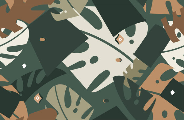 Ручной рисунок вектор абстрактная современная графика Тропическая природа декоративные племенные иллюстрации искусства коллаж бесшовный узор с пальмовыми листьями изолированы на зеленом фоне
