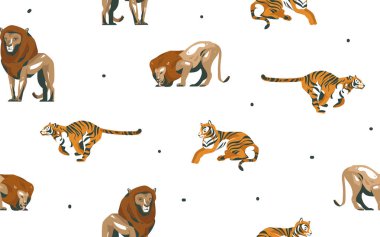Elle çizilmiş vektör soyut modern grafik Afrika Safari kaplanlar ve beyaz arka plan üzerinde izole aslan hayvanlar ile seamless modeli kolaj süs illüstrasyonlar sanatı doğa
