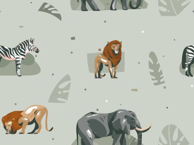 Çizilmiş vektör soyut modern grafik Afrika Safari doğa süs illüstrasyonlar sanat kolaj seamless modeli zebra ile el, fil, aslan ve tropikal hurma izole üzerinde pastel arka plan yaprakları