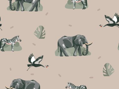 Elle çizilmiş vektör soyut modern grafik Afrika Safari zebra, fil hayvanlar ve izole tropikal yaprak pastel arka plan üzerinde ile seamless modeli kolaj süs illüstrasyonlar sanatı doğa