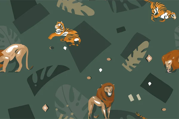 Ręcznie rysowane wektor Abstrakcja graficzny African Safari natura nowoczesny ozdobnych plemiennych ilustracji sztuki kolażu, wzór z tigers, Lew i palm liść na białym tle na zielonym tle — Wektor stockowy