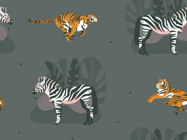 Dibujado a mano vector abstracto gráfico moderno África Safari Naturaleza ilustraciones ornamentales arte collage patrón sin costuras con cebra, tigres animales y hojas de palma tropical aislados sobre fondo verde — Vector de stock