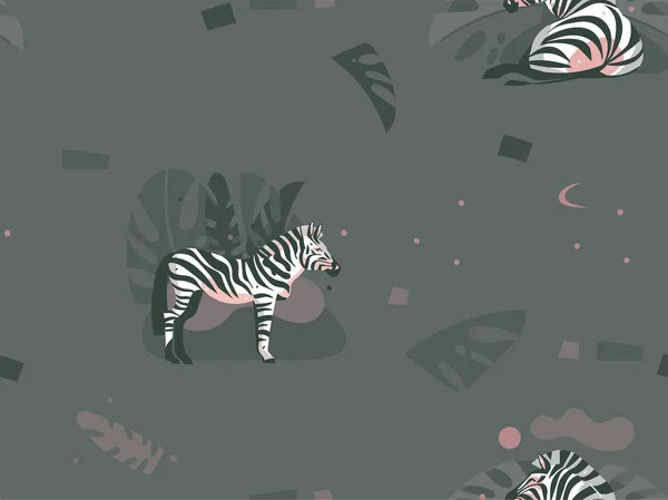 손으로 그린 벡터 추상적인 현대 그래픽 아프리카 사파리 자연 부족 일러스트 아트 콜라주 얼룩말 동물 들과 함께 원활한 패턴 및 열 대 야 자 나뭇잎에 고립 된 파스텔 배경 장식 — 스톡 벡터