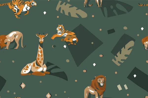 Vetor desenhado à mão abstrato gráfico moderno Safari Africano Natureza ornamental tribal ilustrações arte colagem sem costura padrão com tigres, leão, girafa e folhas de palma isolado no fundo verde — Vetor de Stock