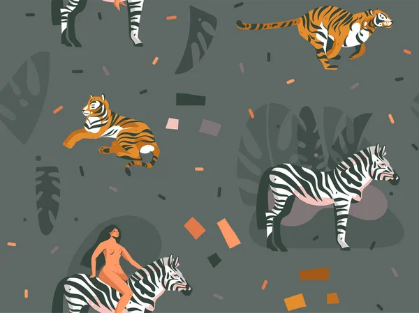 Dibujado a mano vector abstracto caricatura gráfico moderno africano Safari Naturaleza concepto collage ilustraciones imprimir con cebra, tigres animales y mujeres carácter en la naturaleza aislado sobre fondo de color oscuro — Vector de stock