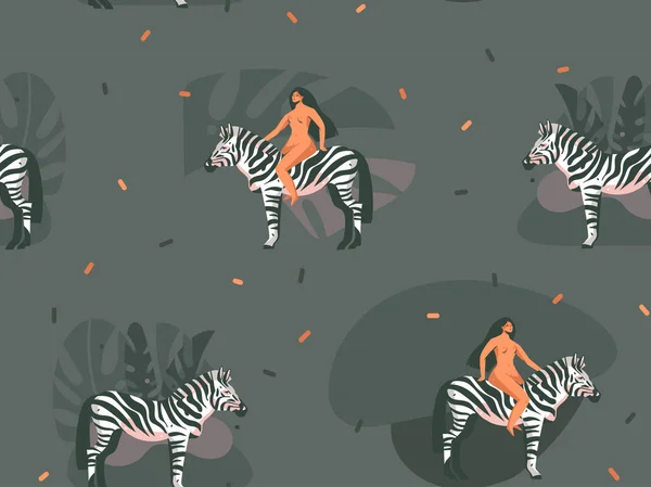 Nowoczesny graficzny kreskówka streszczenie wektor ciągnione ręka African Safari charakter koncepcji kolaż ilustracje sztuki wydruku z zwierzęta zebra i dzikie kobiety nagie postaci na białym tle na tle ciemnego koloru — Wektor stockowy