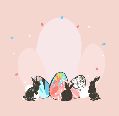 El çizilmiş vektör soyut grafik rustik dokulu kolaj Mutlu Paskalya şirin tebrik kartı şablonu ve sevimli tavşan kroki ve Paskalya yumurta illüstrasyon izole pastel pembe