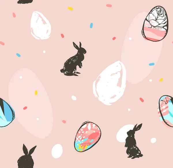 Hand drawn vector abstract graphic rustic textured collage Happy Easter cute greeting seamless pattern with cute bunny sketch and Easter eggs illustration isolated on pink pastel background — Stock Vector