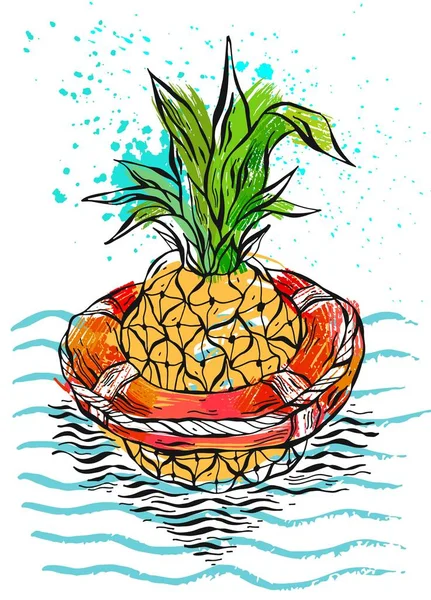 Lifebuoy okyanus dalgalarının içinde yüzen ananas çizilmiş vektör renk grafik resmini ver. Tropikal egzotik meyve Illustration. Plaj arka plan — Stok Vektör