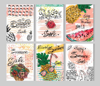 Yaz el soyut kaligrafi kart çekilmiş. Vektör parlak yaz Satılık kartları koleksiyonu. Güzel yaz posterler yaz meyve, çiçek ve tatlılar.