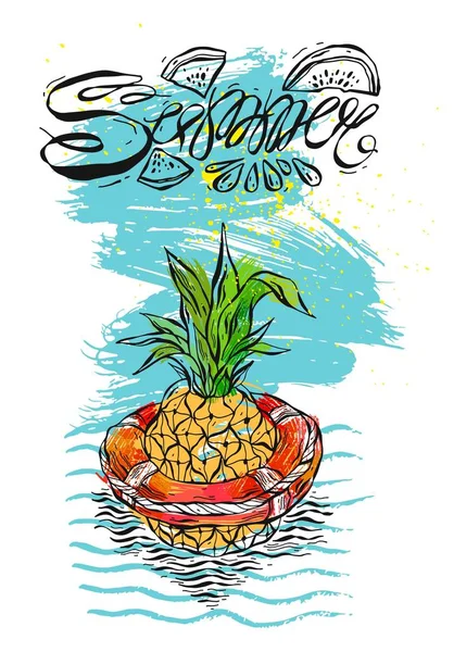Hand getekende vector abstracte kleur grafische sjabloon kaart met ananas in reddingsboei in golven van de oceaan zwemmen. — Stockvector