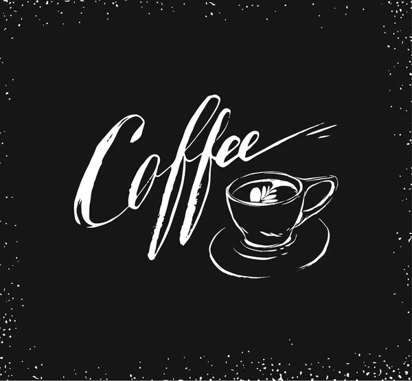 手書きのコーヒーワード書道と黒の黒板に孤立したカップを描く手描きベクトル抽象芸術インクスケッチ コーヒーショップのコンセプト — ストックベクタ