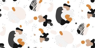 El çizilmiş vektör soyut yaratıcı grafik sanatsal çizimler sorunsuz kolaj desen gepmetric şekil ve aşiret mottif beyaz arka plan üzerinde izole tropikal palmiye yaprakları ile