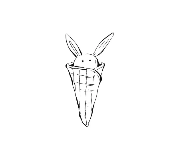 手描きベクトル抽象的なインクグラフィックスケッチイラストアイコンとジェラートアイスワッフルコーン面白いウサギの形で白い背景に孤立 — ストックベクタ