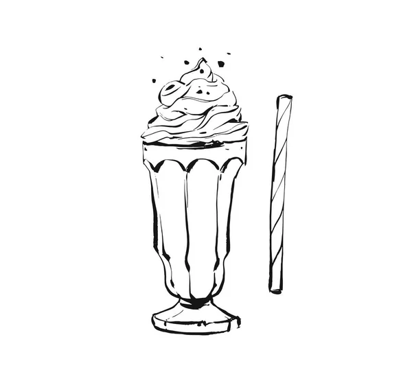 Dibujo dibujado a mano vector abstracto artística tinta de cocina dibujo ilustración de cóctel batido y crema batida en vidrio aislado sobre fondo blanco. concepto de menú para niños — Vector de stock