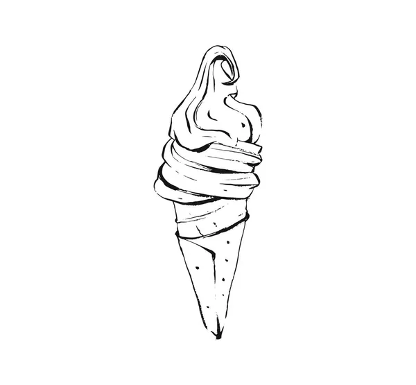 手绘矢量抽象艺术烹饪水墨素描插图绘制华夫饼冰淇淋圆锥隔离在白色背景上。儿童菜单概念 — 图库矢量图片