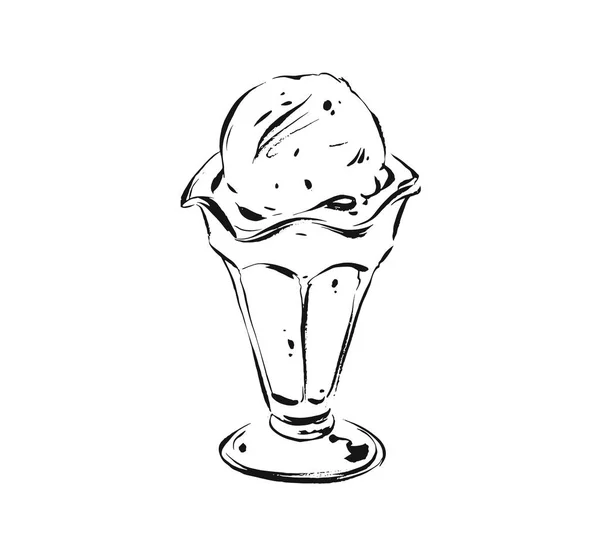 Disegnato a mano vettore astratto artistico cottura inchiostro schizzo illustrazione disegno di gelato scoop in tazza di vetro isolato su sfondo bianco. concetto di menu per bambini — Vettoriale Stock