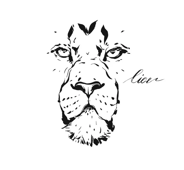 Dibujo gráfico texturizado de tinta artística abstracta vectorial dibujado a mano ilustración de la cabeza de león de vida silvestre aislado sobre fondo blanco — Vector de stock