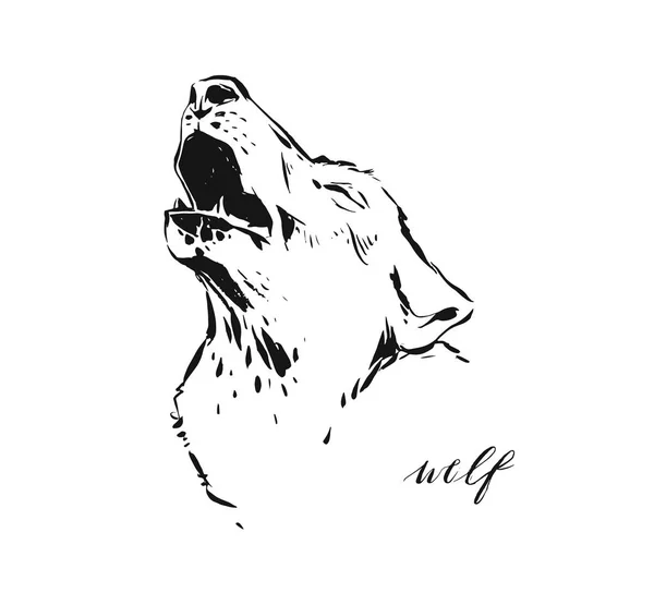 Vetor desenhado à mão tinta artística abstrata desenho gráfico texturizado ilustração da vida selvagem cabeça de lobo isolado no fundo branco —  Vetores de Stock