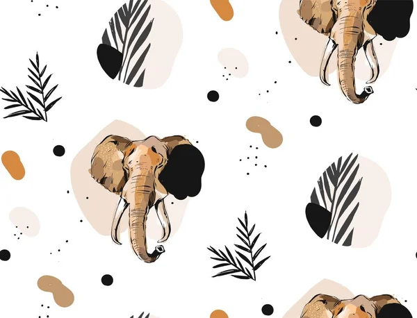 Vetor desenhado à mão abstrato criativo gráfico ilustrações artísticas sem costura padrão de colagem com desenho de elefante esboço e folhas de palma tropicais em motivo tribal isolado no fundo branco —  Vetores de Stock
