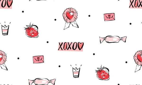 Vecteur dessiné à la main encre abstraite graphique saluant joyeux Valentines illustrations motif sans couture avec des éléments de décoration en couleurs roses isolé sur fond blanc — Image vectorielle