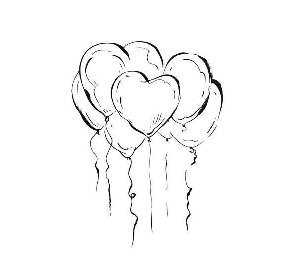 Vector dibujado a mano gráfico de tinta abstracta San Valentín o Feliz Cumpleaños elementos de diseño de decoración con globos de helio conjunto aislado sobre fondo blanco — Vector de stock
