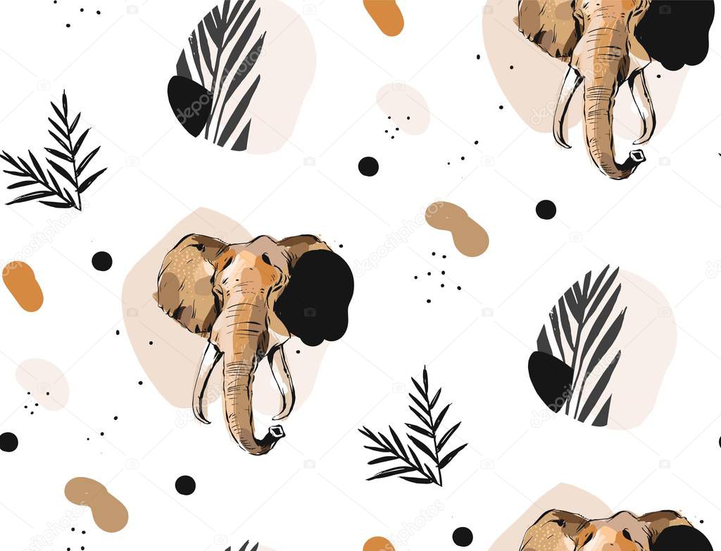 Hand drawn vector abstract creative graphic artistic illustrations seamless collage pattern with sketch elephant drawing and tropical palm leaves in tribal mottif isolated on white background