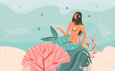 El çizilmiş vektör soyut karikatür yaz saati grafik illüstrasyonlar sanat şablonu arka plan sualtı sahnesi, güzellik denizkızı kız mavi dalgalar izole